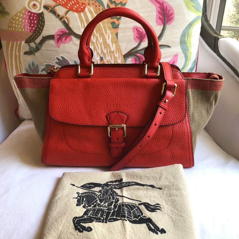 ❤️ BURBERRY House Check Poppy RED Leather Satchel Bag